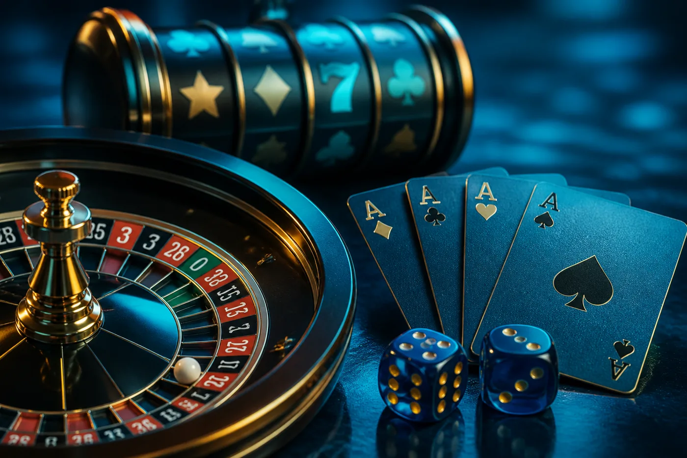 Composição editorial com roleta, cartas, dados e rolos de jogo genéricos